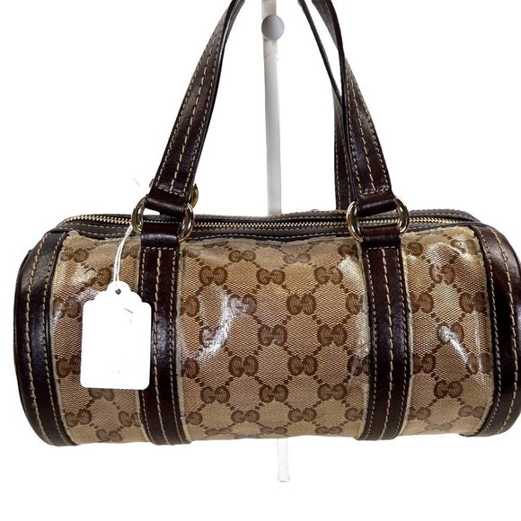 Authentic Gucci Satchel Bag Brown PVC Used GG Handbag Vintage - Picture 3 of 13